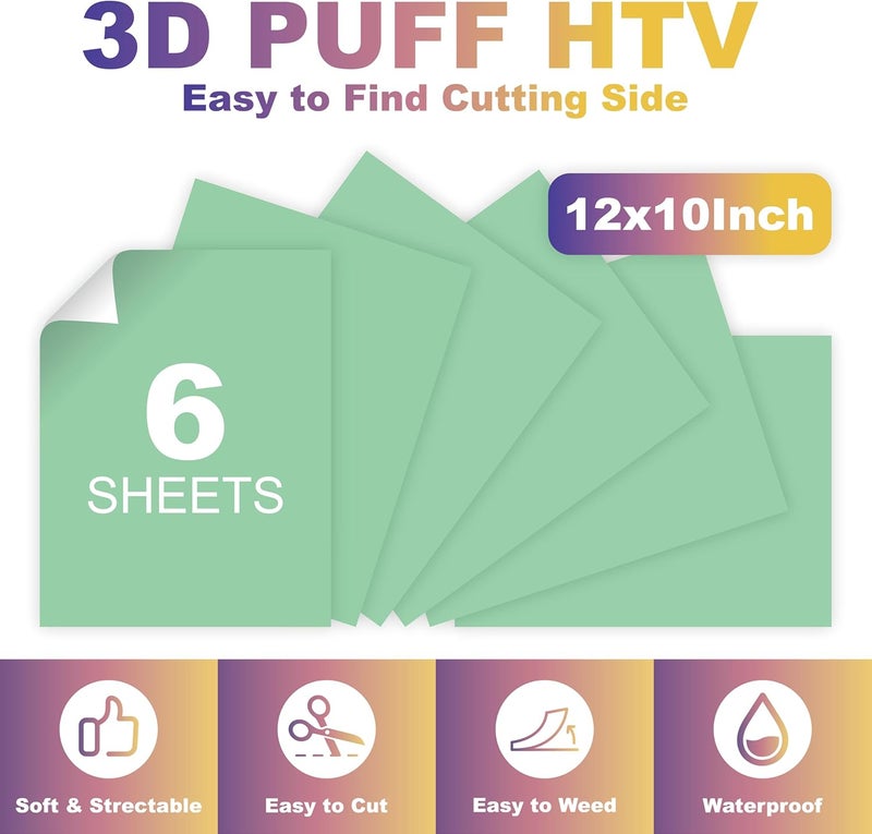 HTVJOYDO 6Pcs Puff Vinyl Heat Transfer, 12x10Inch Mint Green 3D Puff HTV, DIY Iron-on Vinyl for T-Shirts, Easy to Cut and Weed, Compatible with Cricut or Cameo (6 Mint Green Puff) - Image 4